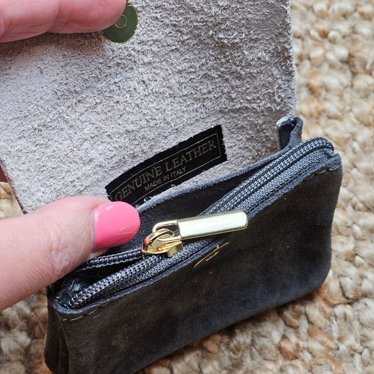 Porte monnaie en cuir et daim gris foncé