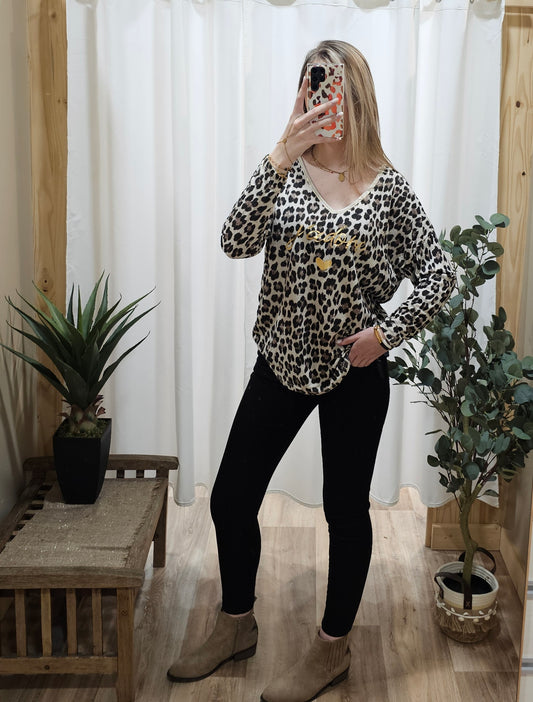 Tee-shirt léopard "J'adore" beige