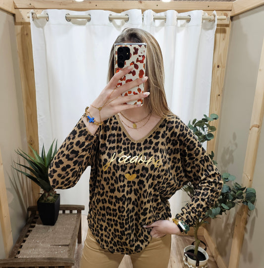 Tee-shirt léopard "J'adore" camel