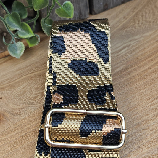 Bandoulière motifs léopard camel et doré