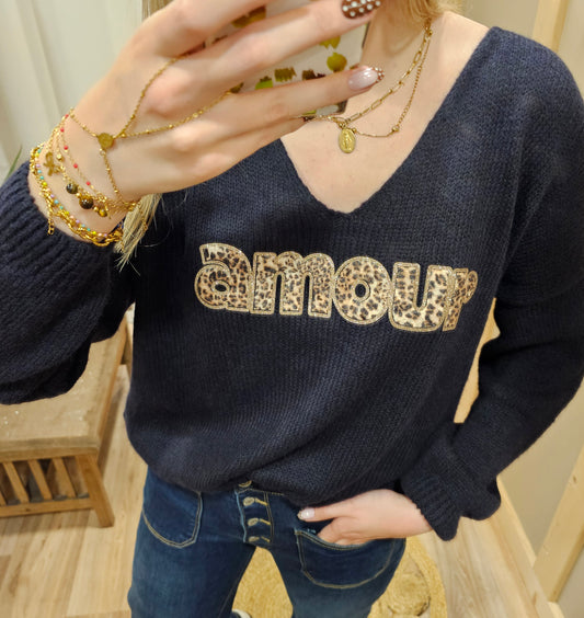 Pull marine "Amour" léopard