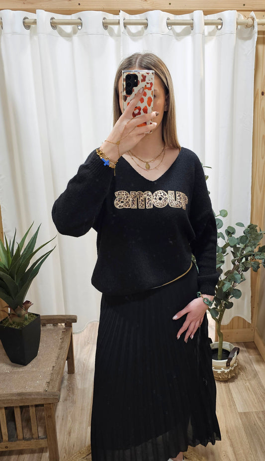 Pull noir "Amour" léopard