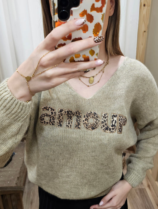 Pull beige "Amour" léopard