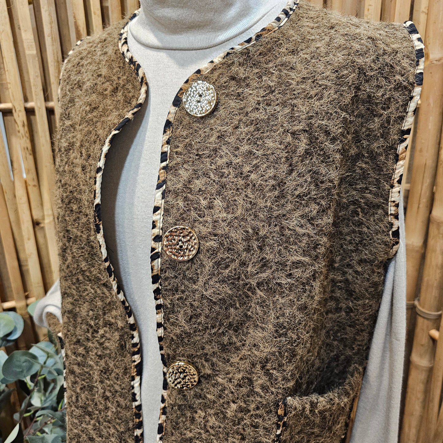 Veste sans manche galon léopard marron
