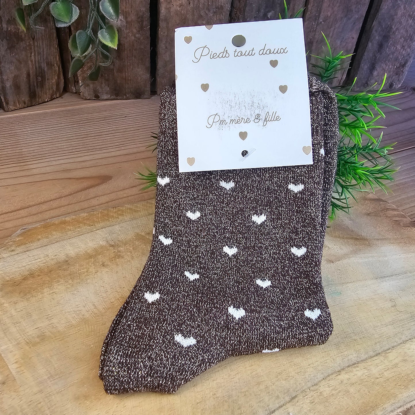 Chaussettes paillettes petits coeurs chocolat