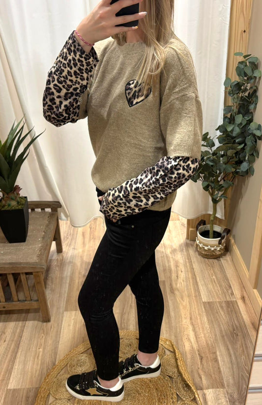 Pull camel manches léopard