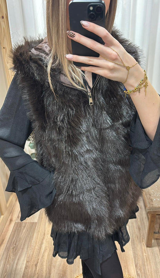 Gilet sans manche fausse fourrure marron