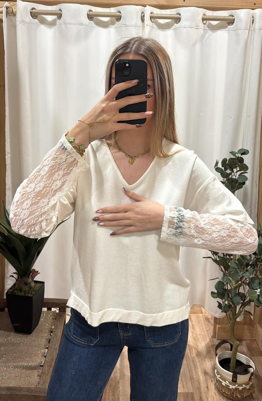 Top avec manches dentelle écru