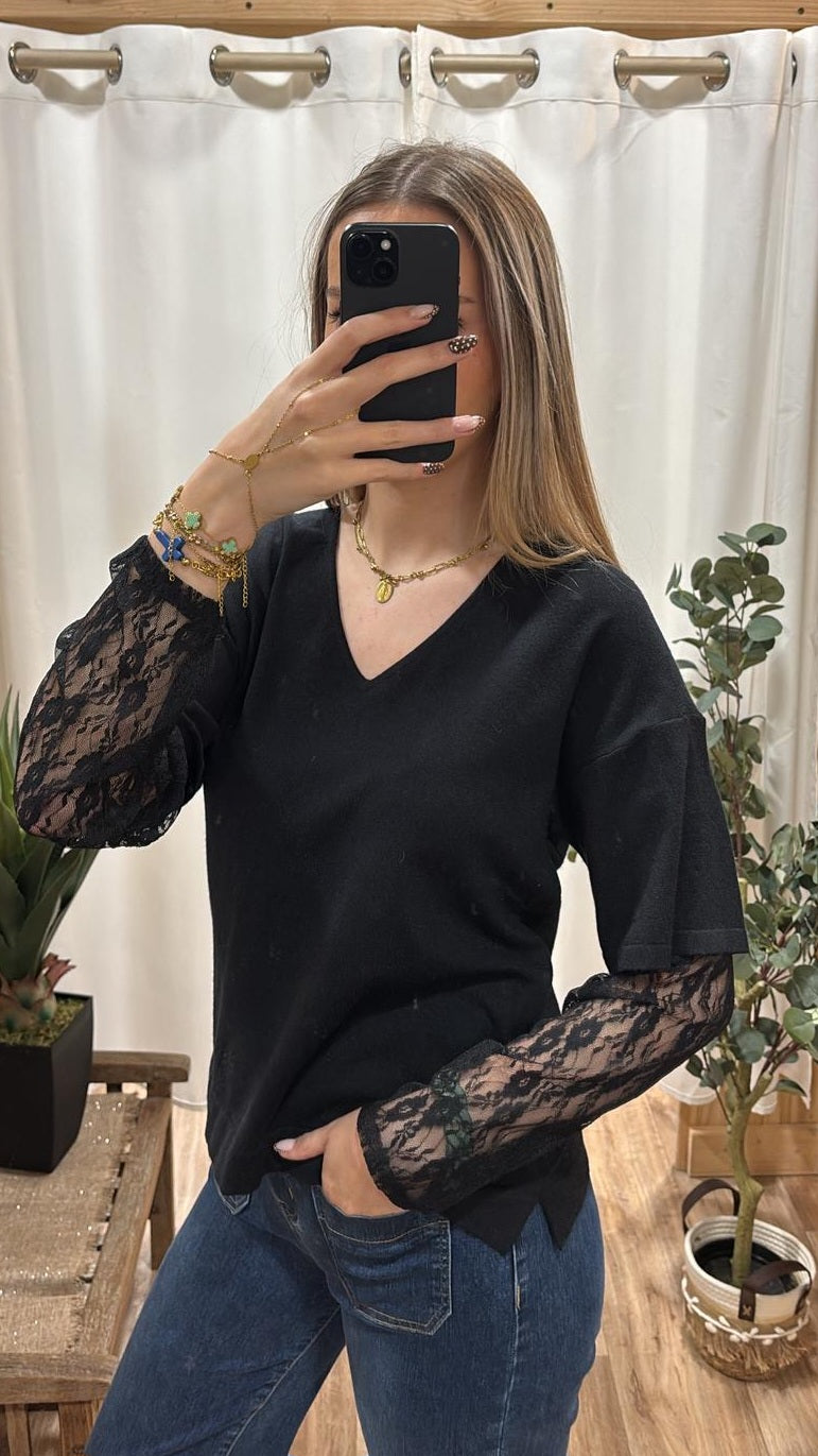 Top avec manches dentelle noir