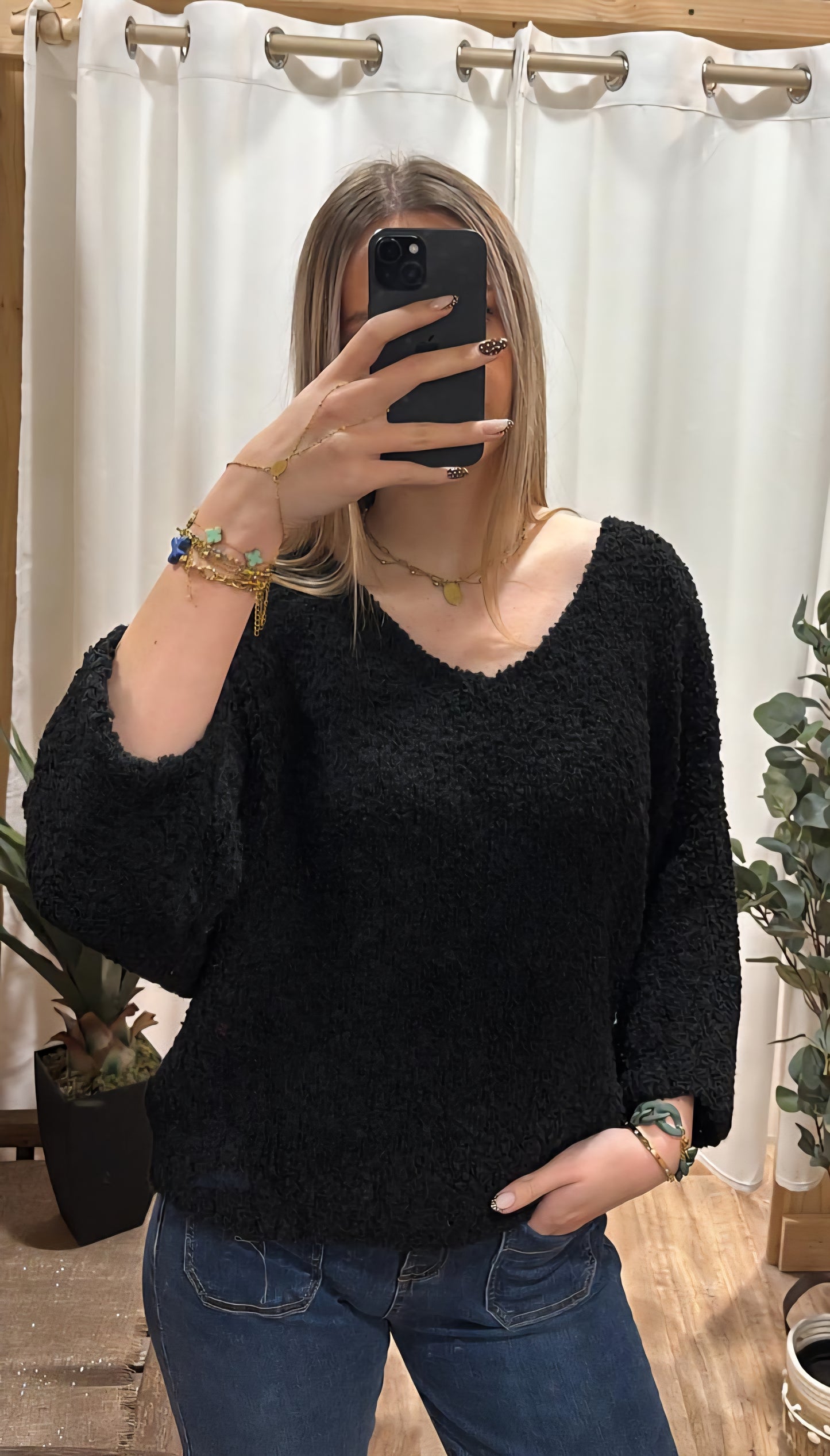 Pull bouclette uni noir