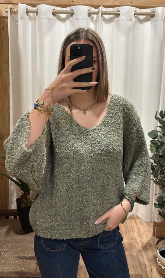 Pull bouclette uni kaki clair