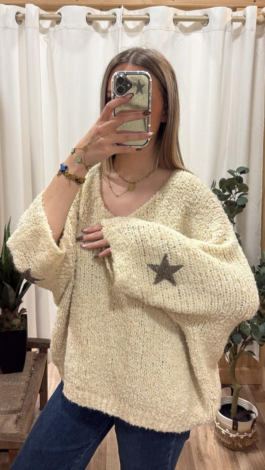 Pull bouclette étoile sur les manches écru