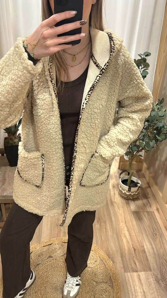 Veste longue bouclette beige