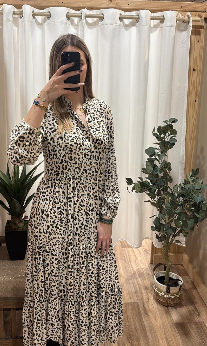 Robe longue imprimée léopard beige