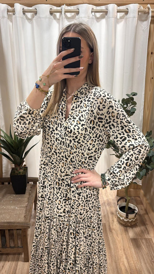 Robe longue imprimée léopard beige