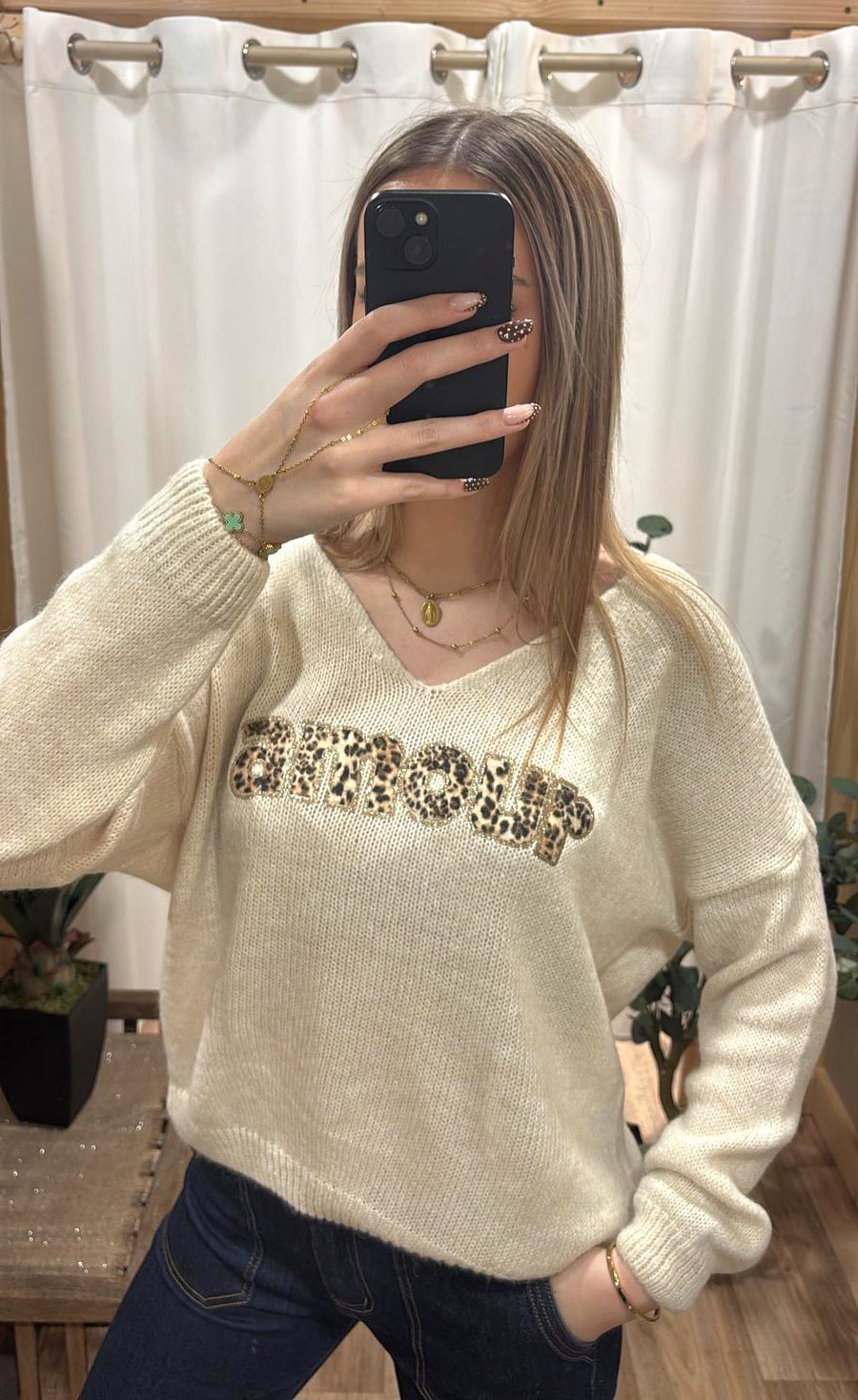 Pull crème "Amour" léopard