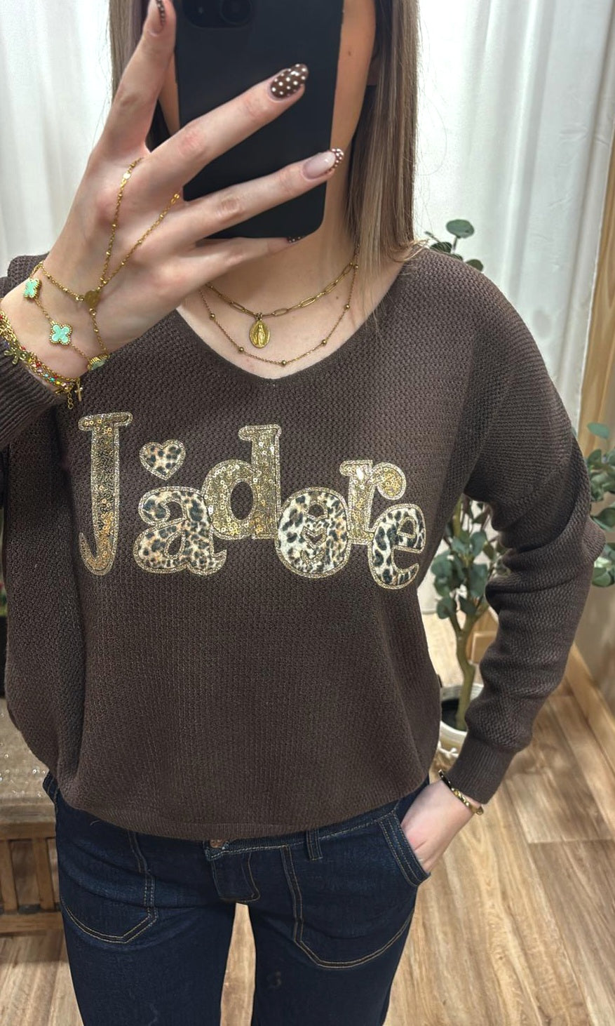 Pull fin chocolat "J'adore"