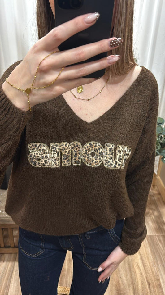 Pull marron "Amour" léopard