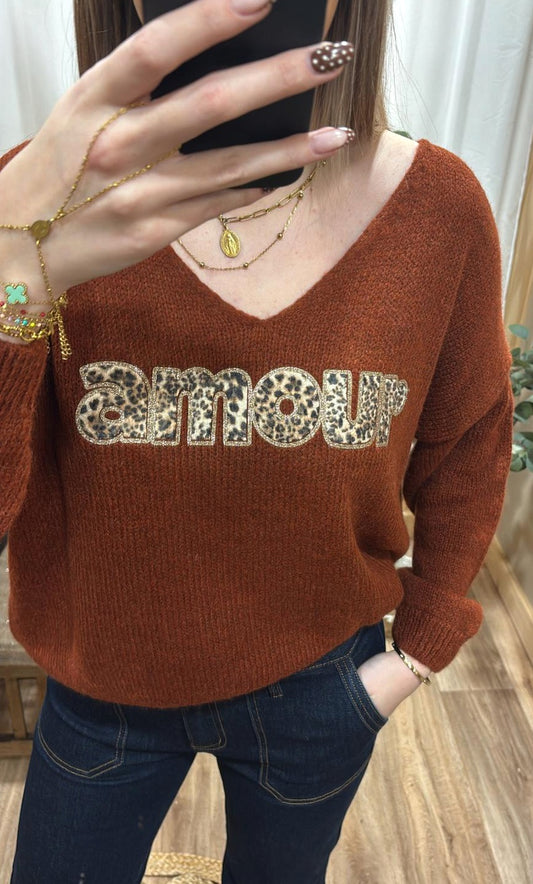 Pull rouille "Amour" léopard