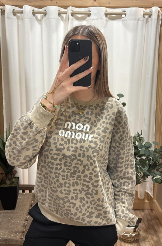 Sweat léopard beige amour blanc
