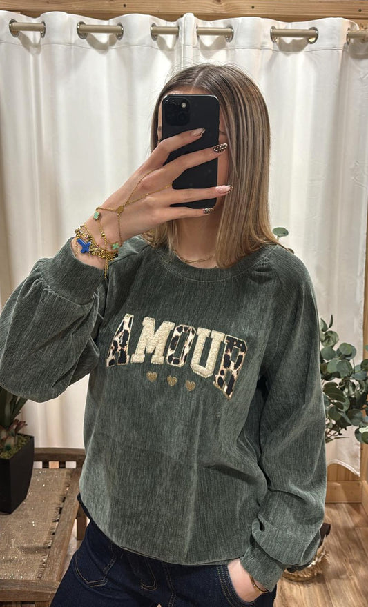 Sweat Amour effet velours kaki