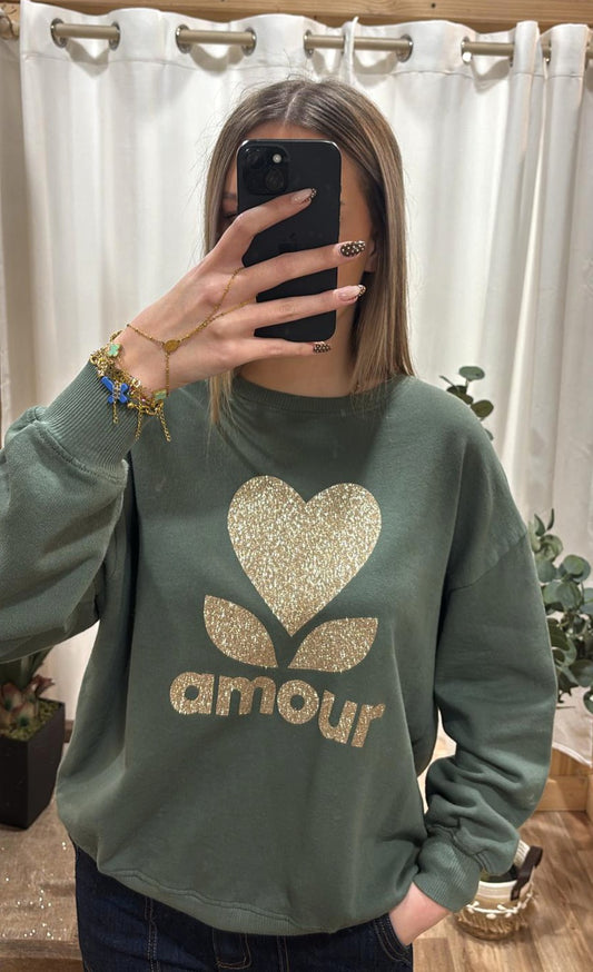 Sweat kaki avec inscription amour dorée