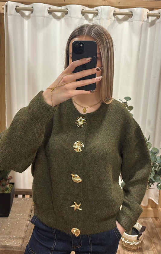 Cardigan boutons fantaisis dorés - kaki