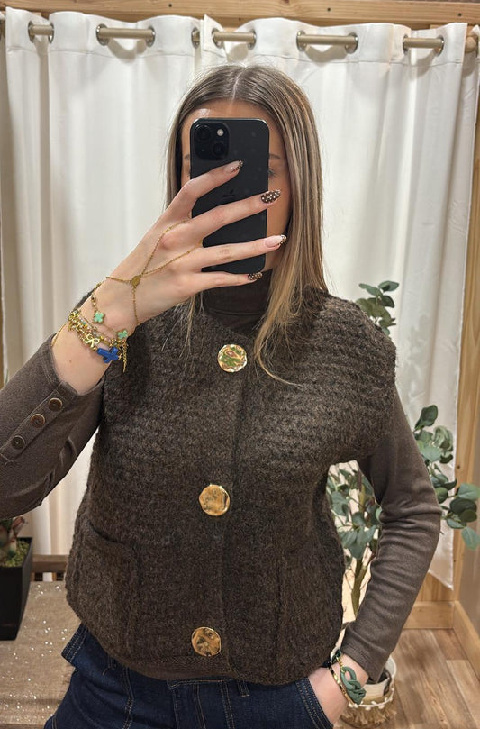 Gilet sans manche boutons dorés - marron