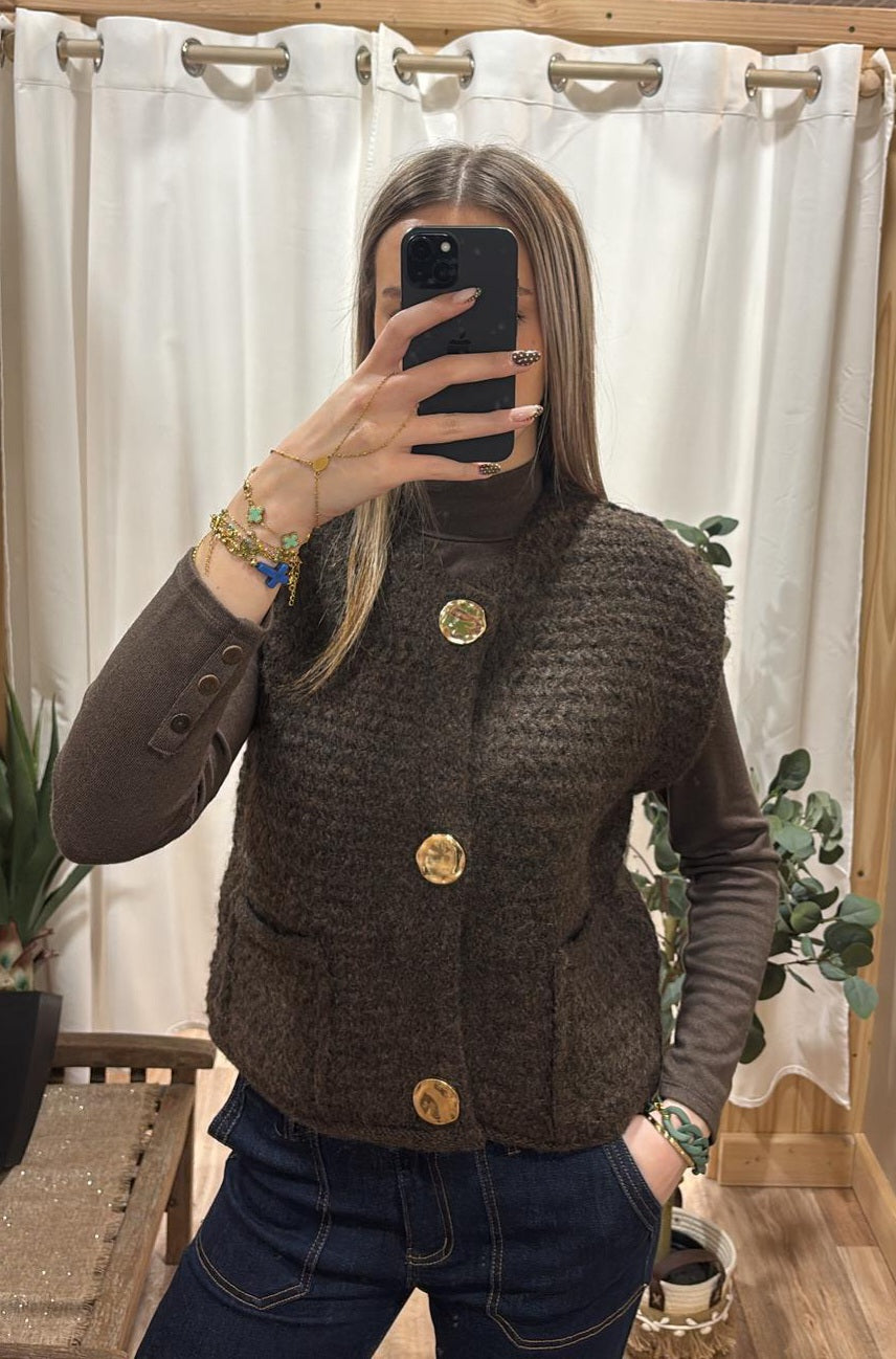 Gilet sans manche boutons dorés - marron