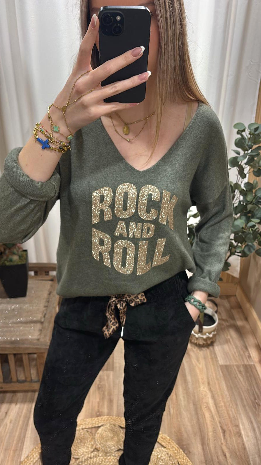 Pull kaki Rock&Roll doré