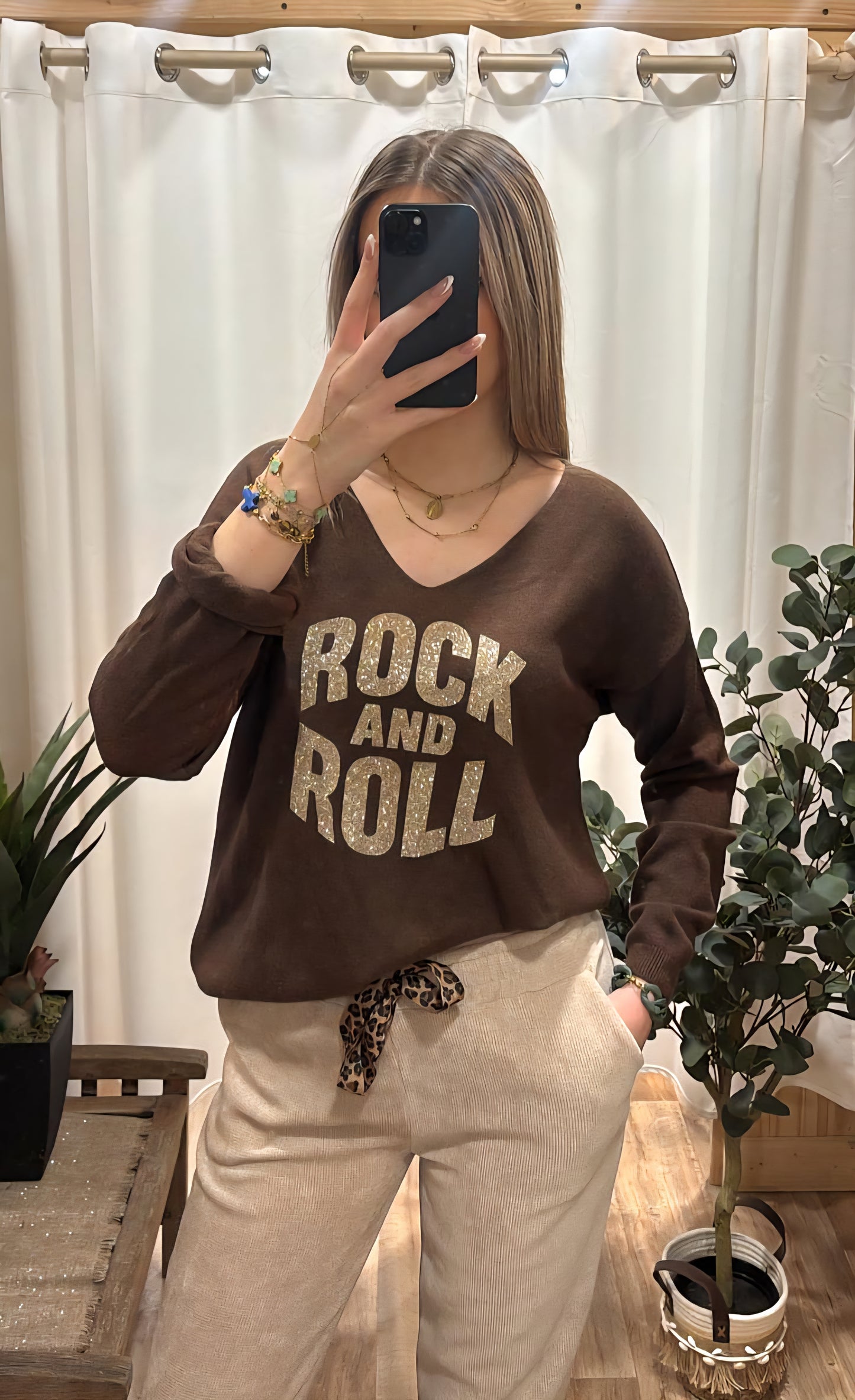 Pull marron Rock&Roll doré