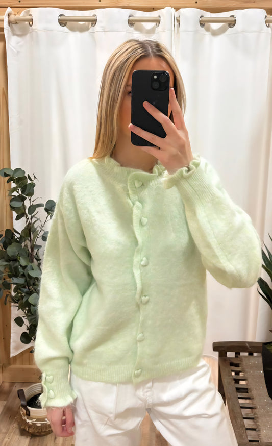 Cardigan vert pâle petits boutons coeurs