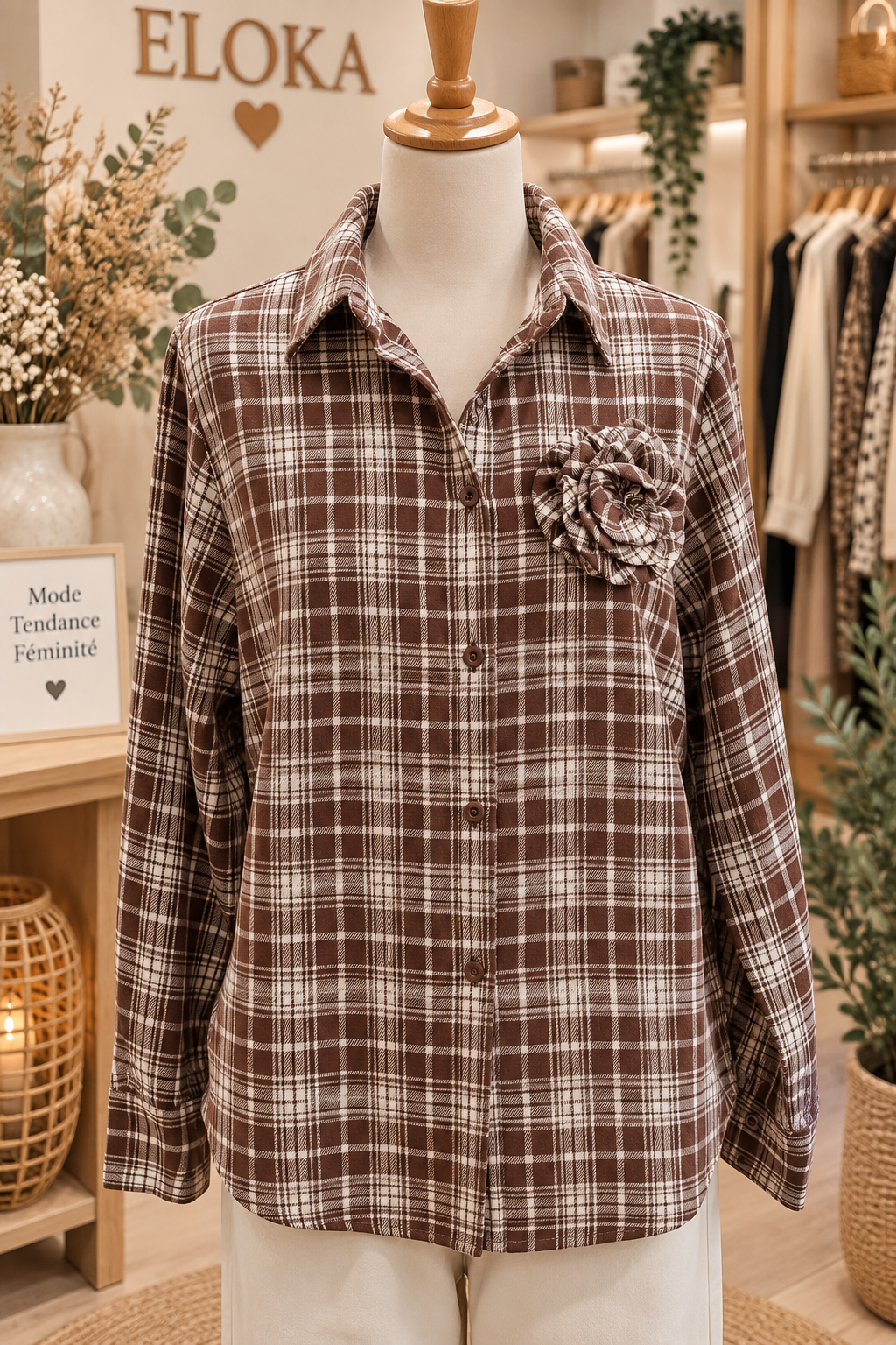 Chemise à carreaux chocolat avec fleur