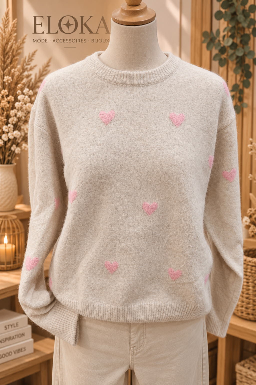 Pull beige coeur rose