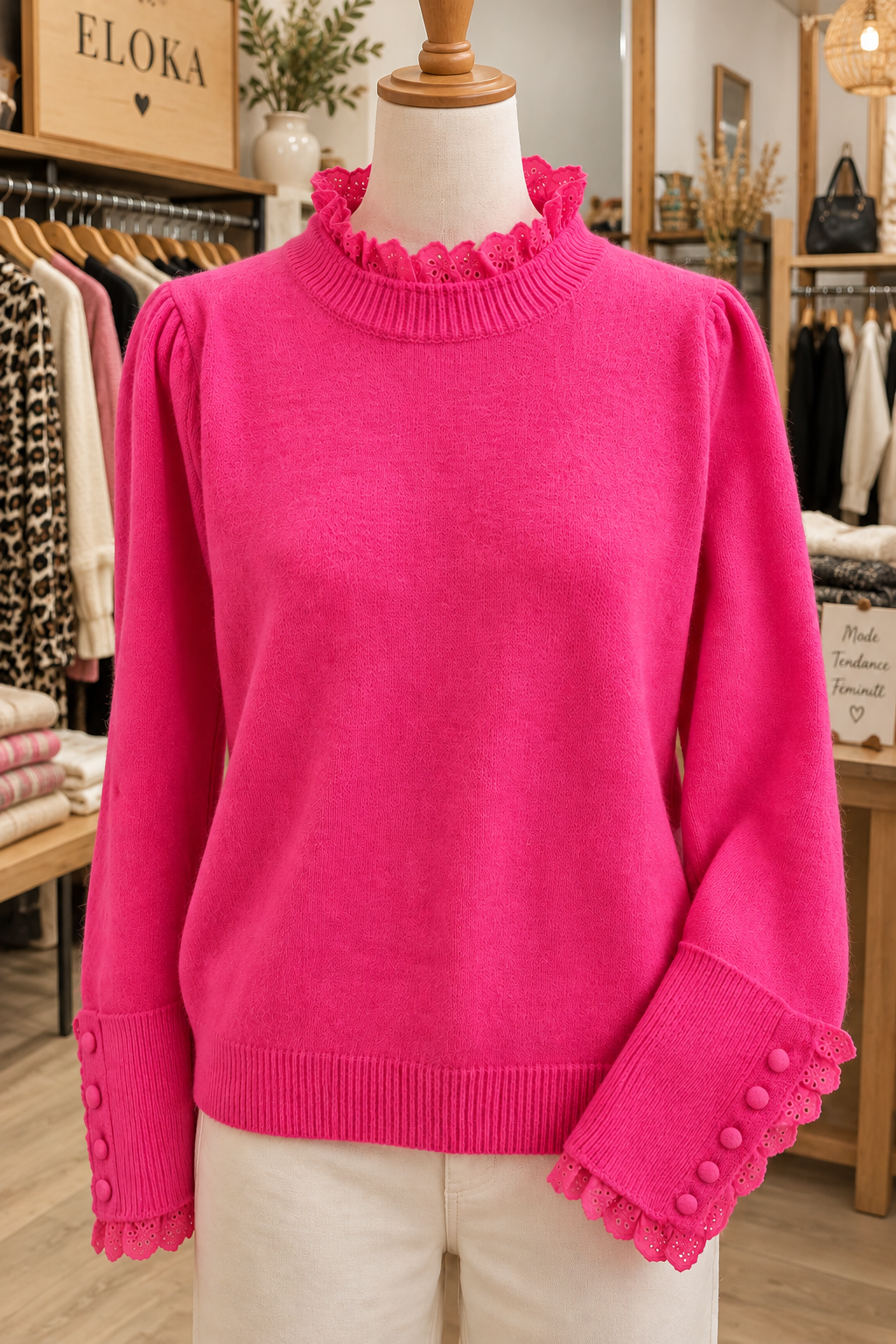 Pull dentelle manche fuchsia