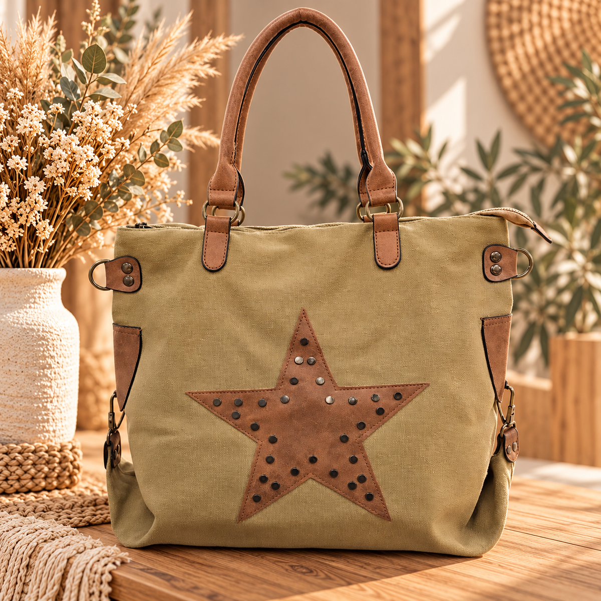 Sac toile de coton camel avec étoile cloutée