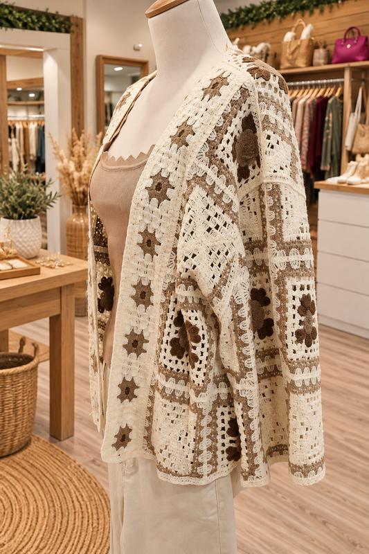 Gilet mi-long crochet beige/marron