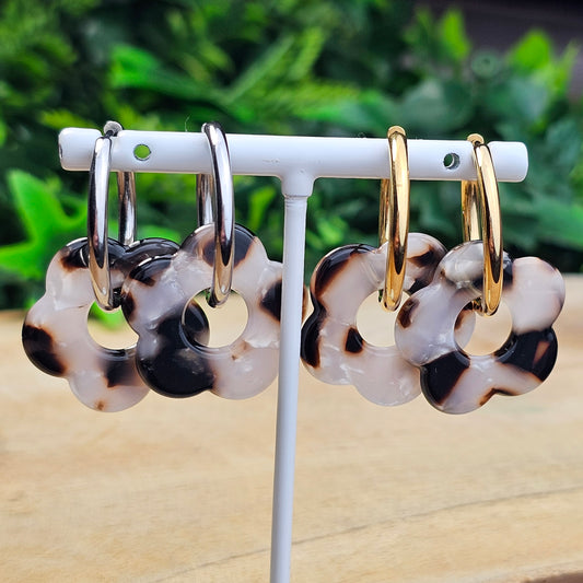 Boucles d'oreilles Perly (Grande fleurs 25 mm) beige/noir/marron