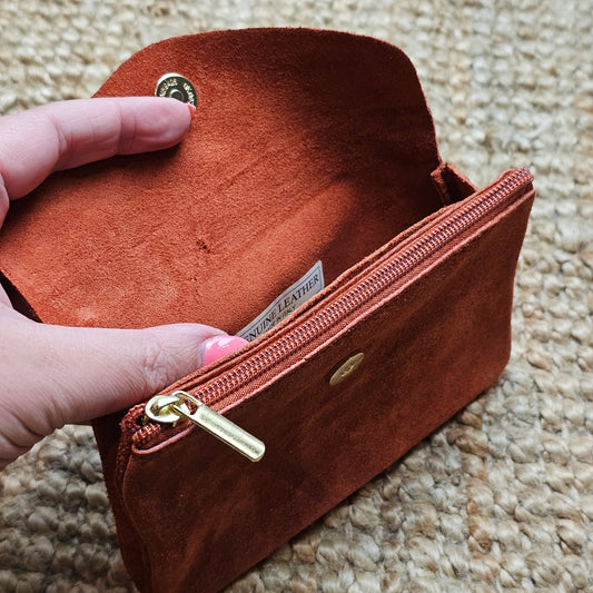 Grand porte monnaie en daim terracotta