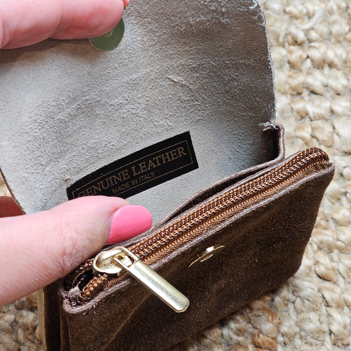 Porte monnaie en cuir et daim marron