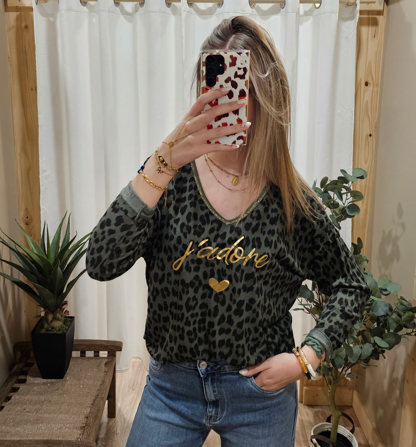 Tee-shirt léopard "J'adore" kaki