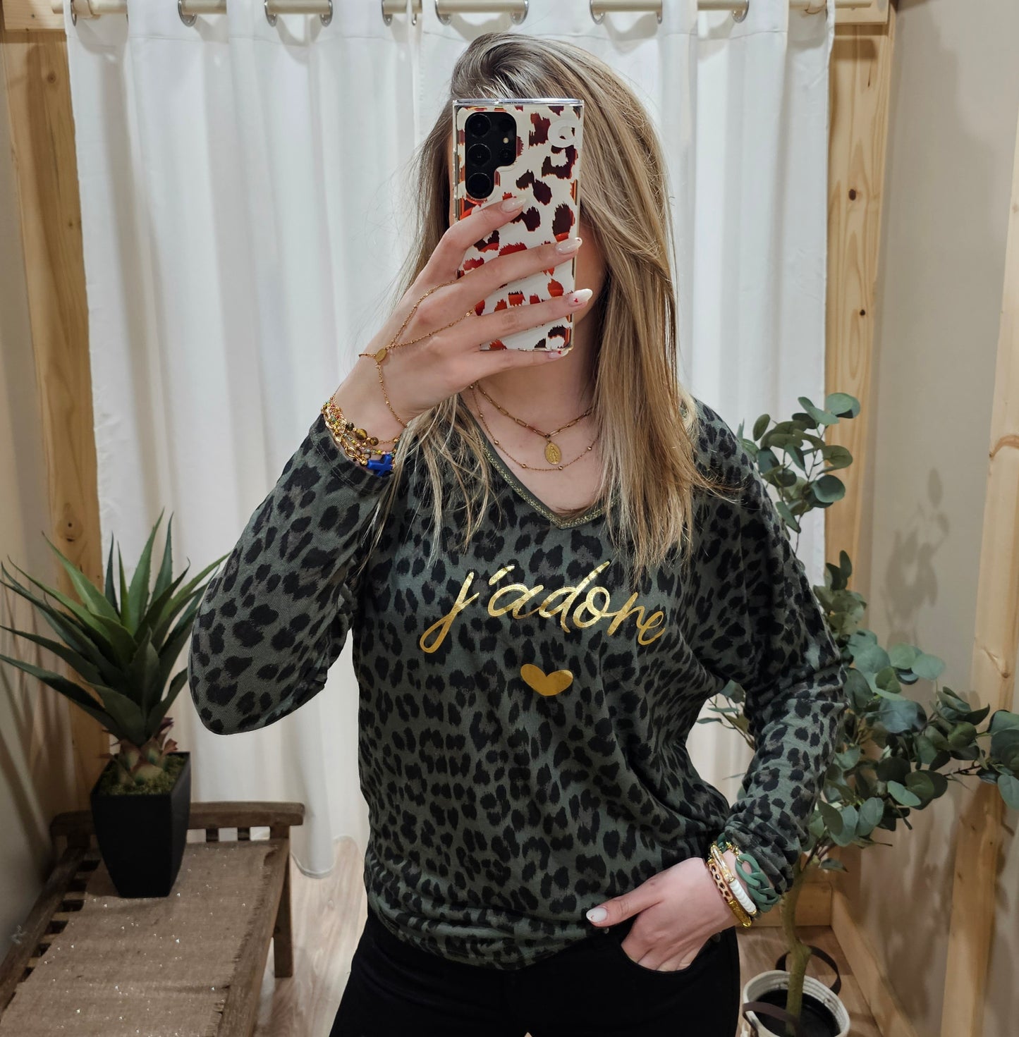 Tee-shirt léopard "J'adore" kaki