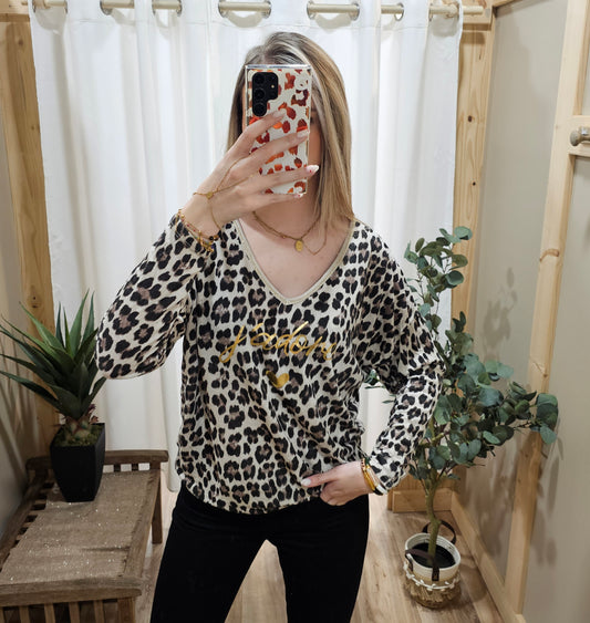 Tee-shirt léopard "J'adore" beige