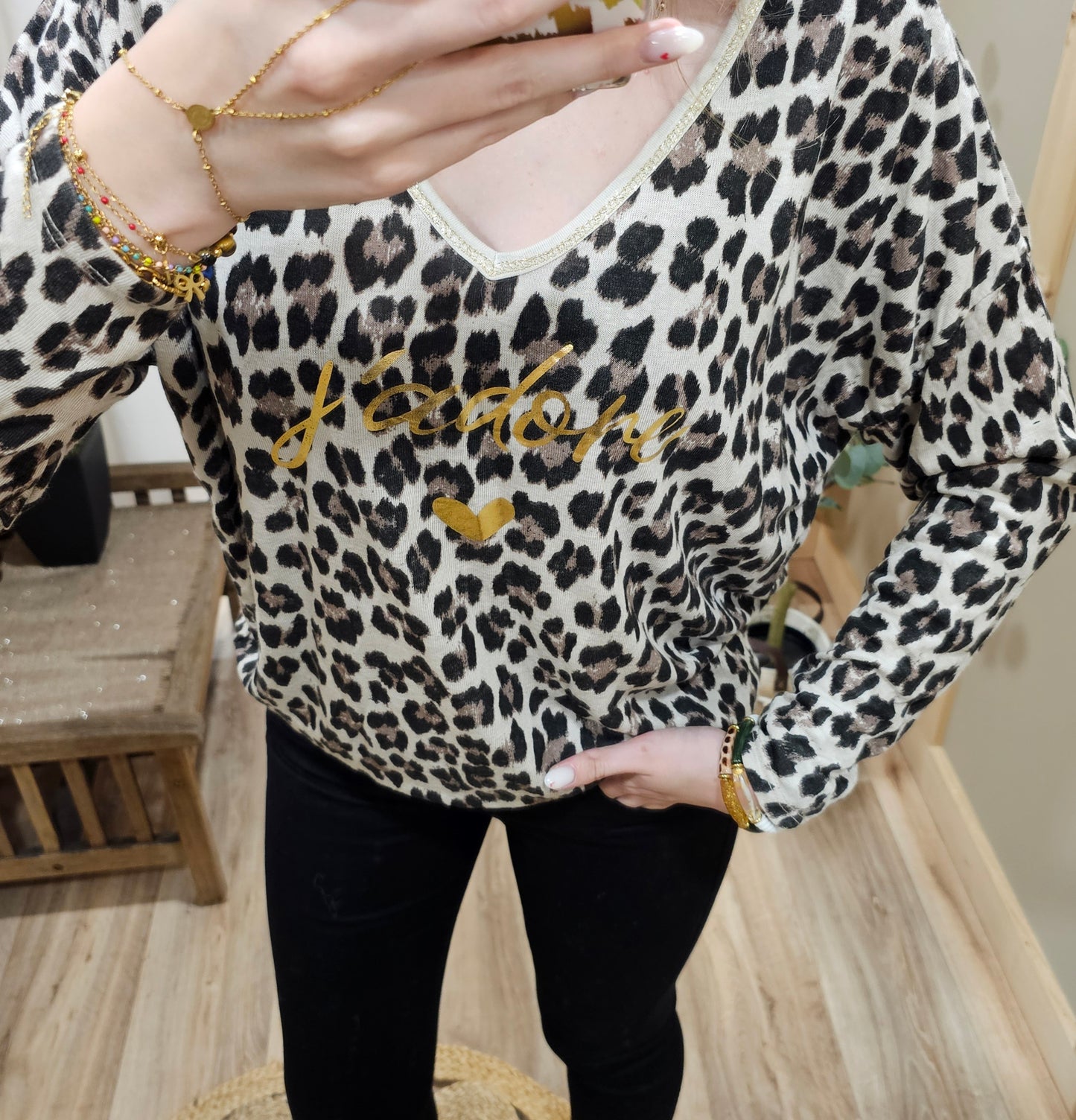Tee-shirt léopard "J'adore" beige