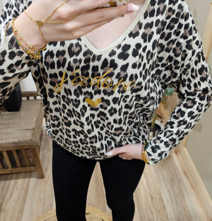 Tee-shirt léopard "J'adore" beige
