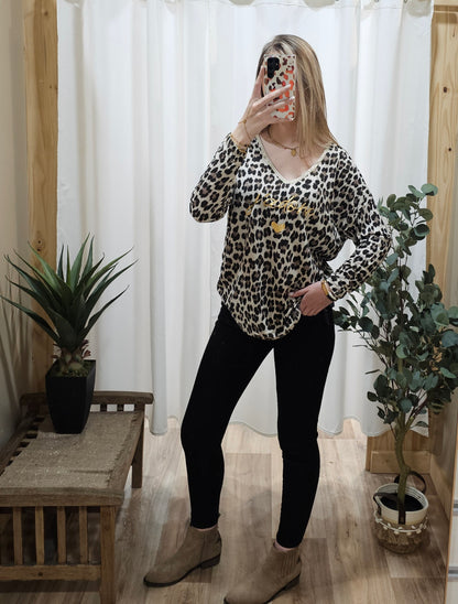Tee-shirt léopard "J'adore" beige