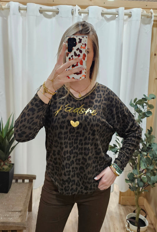 Tee-shirt léopard "J'adore" chocolat