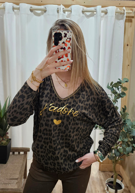 Tee-shirt léopard "J'adore" chocolat
