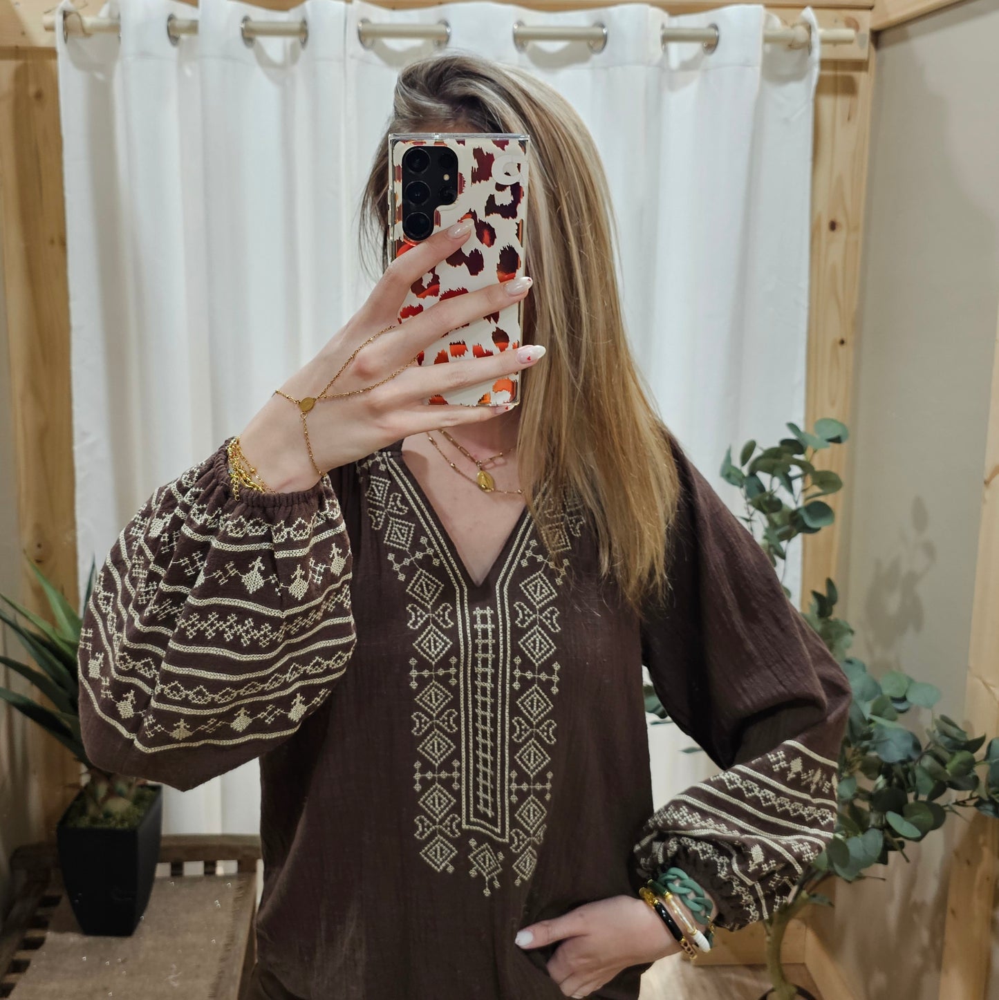 Blouse broderies marron