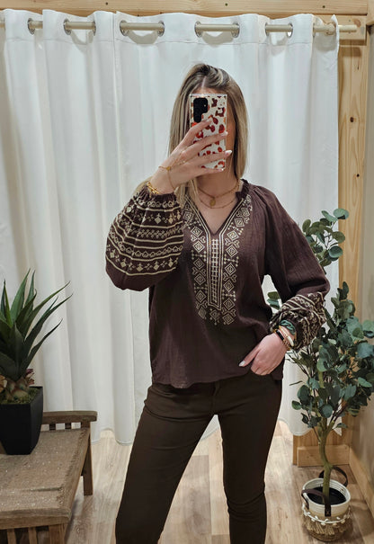 Blouse broderies marron